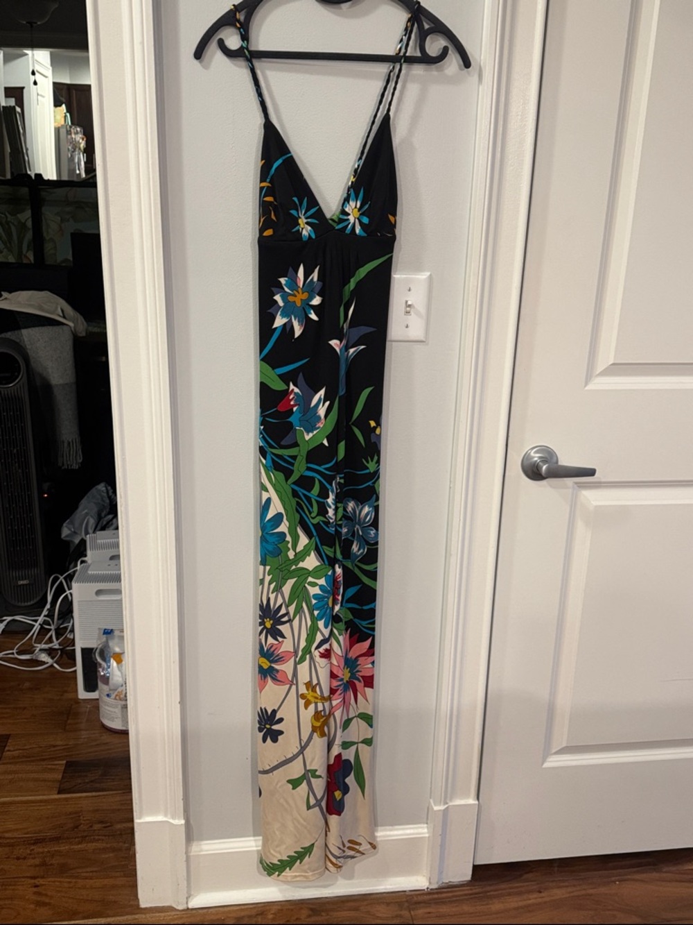 JB by Julie Brown Black Floral Maxi Dress with Blue, Green and Pink Accents